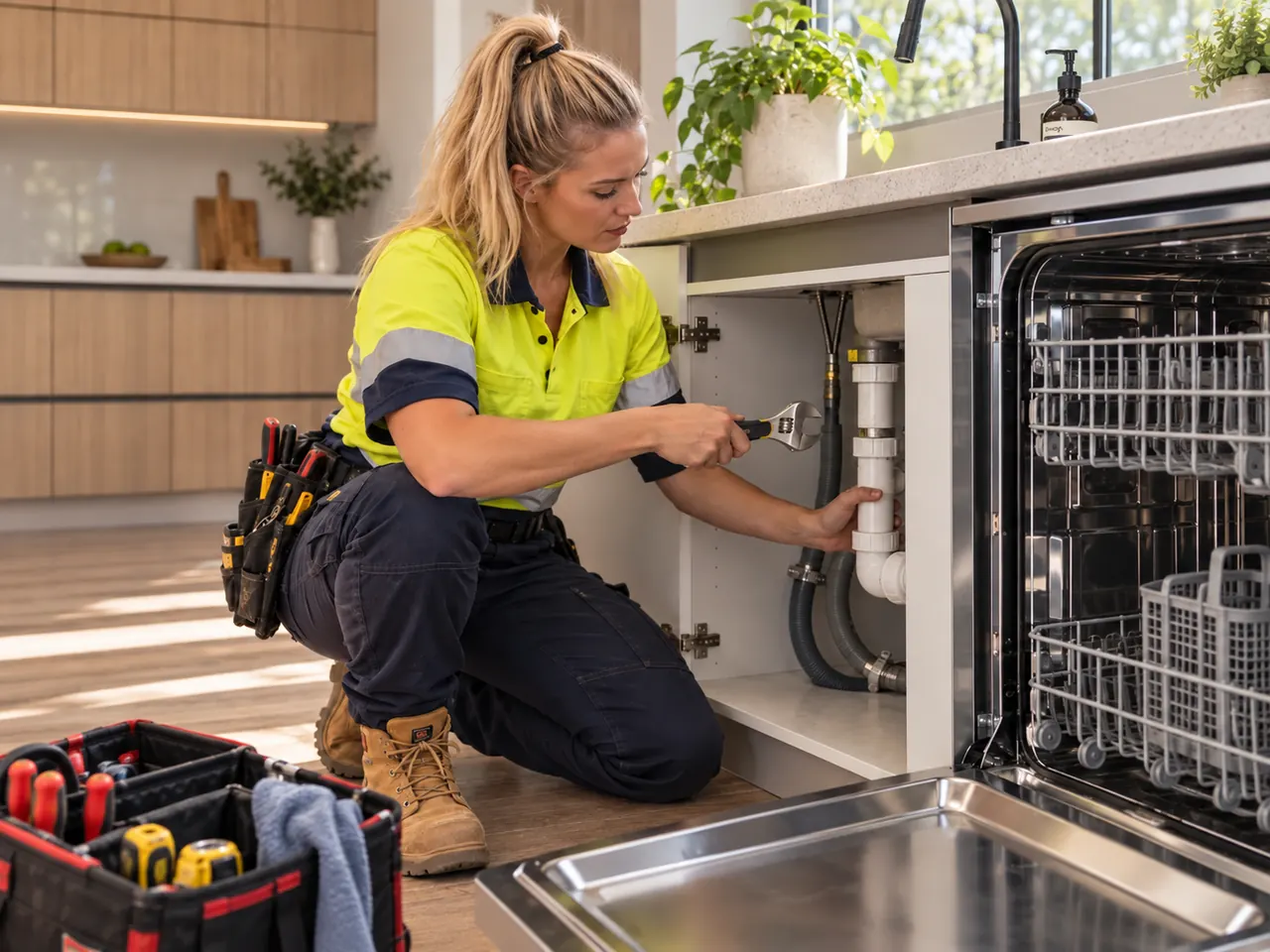 Plumber repairing pipework beneath a kitchen sink beside an open dishwasher