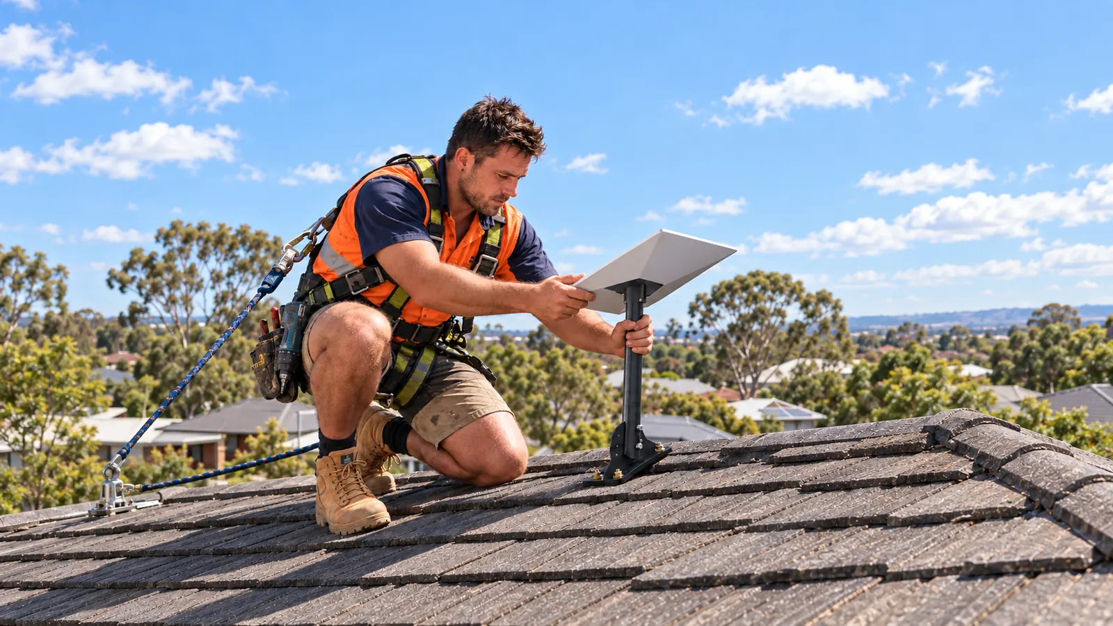 Technician aligning an installed Starlink dish on a tiled rooftop